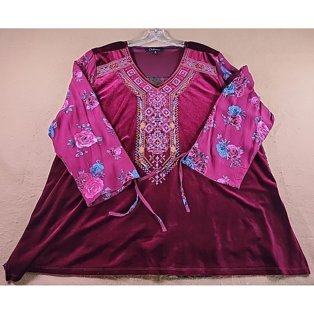Caleesa Burgundy Velvet Embroidered Floral Tunic Top Womens 1X Boho Mixed Media